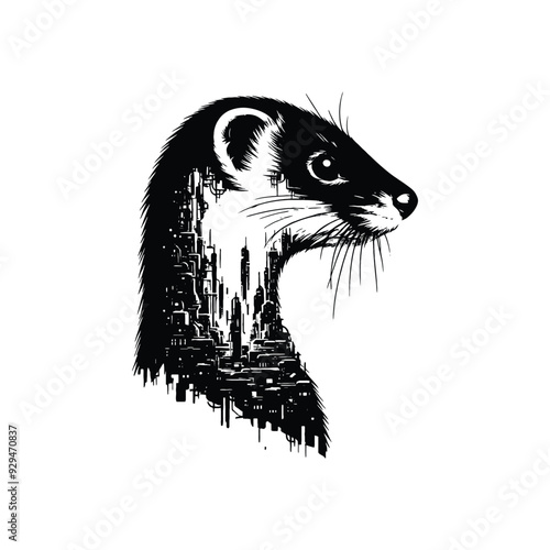 silhouette of Weasel, filled with destroyed futuristic dystopia environment in rough drawing,
