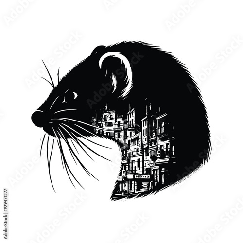 silhouette of Weasel, filled with ghetto street in rough drawing,
