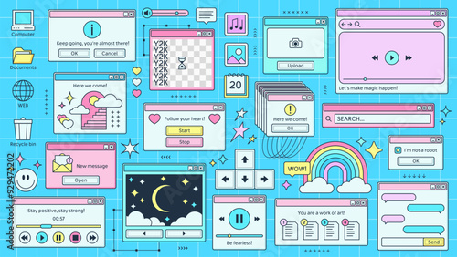 Y2K windows and retro browser pages of PC computer screen, cartoon vector background. Retro 90s Y2K computer interface windows of browser tab, loading or search bar and music player and folder icons
