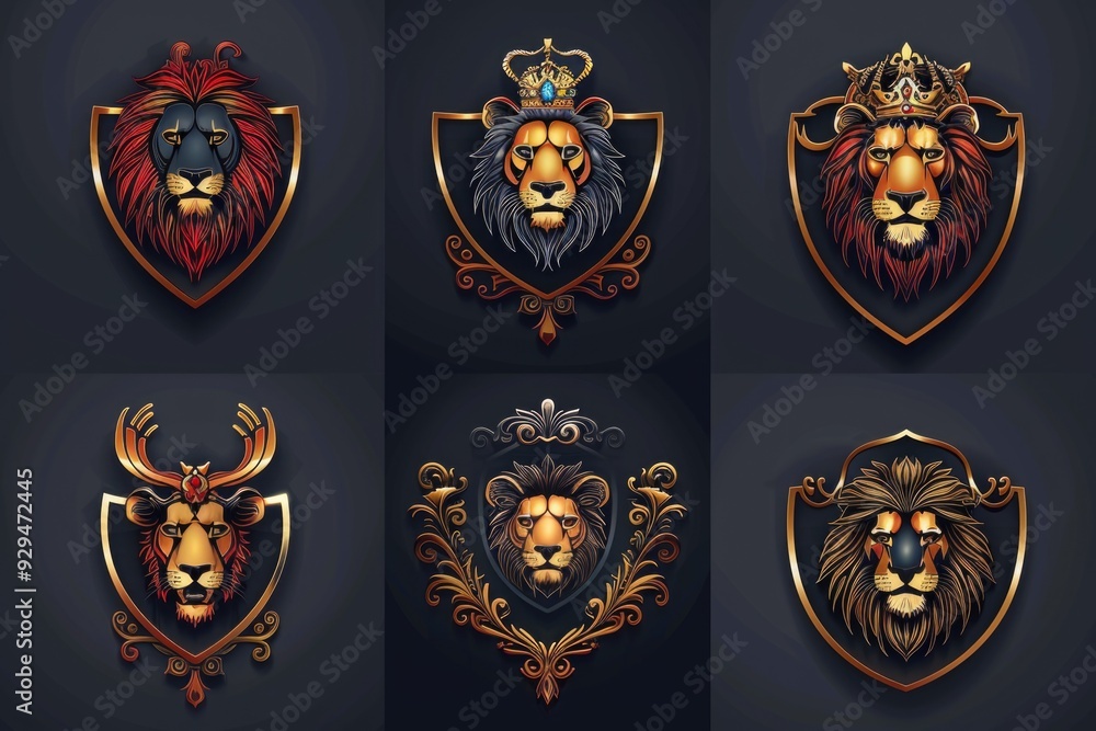A group of lions wearing regal crowns, royalty and majesty depicted in this image A group of lions wearing regal crowns, royalty and majesty depicted in this image
