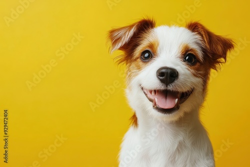 Happy puppy dog smiling on isolated color background. copy space , ai