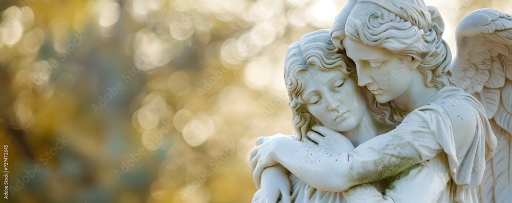 Stone Angel Statue Embracing Another Figure Against a Blurred Background Stone Angel Statue Embracing Another Figure Against a Blurred Background