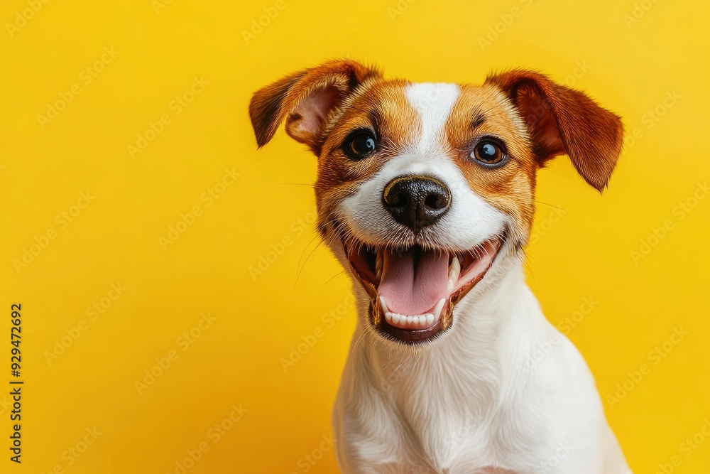 Happy puppy dog smiling on isolated color background. copy space , ai Happy puppy dog smiling on isolated color background. copy space , ai