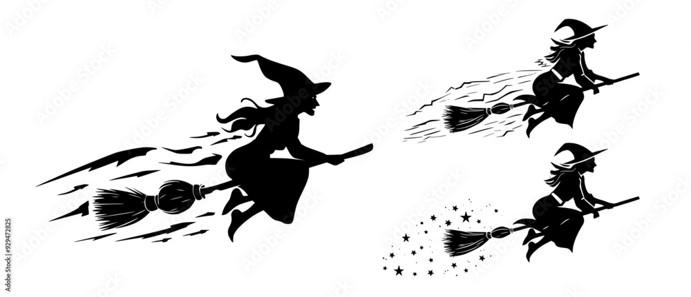 Witch flying on a broomstick silhouette illustration, Generative AI Witch flying on a broomstick silhouette illustration, Generative AI