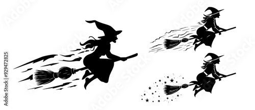 Witch flying on a broomstick silhouette illustration, Generative AI