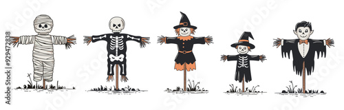 Halloween scarecrow spooky character illustrations, Generative AI