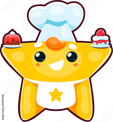Cute kawaii chef star character with pastry cakes, cartoon vector emoji emoticon. Funny comic kawaii star with happy smile on face in chef hat and apron with bakery muffins and cupcakes for kid emoji