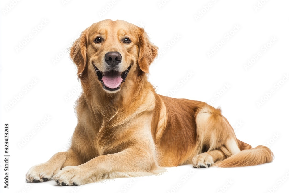 Happy sitting and panting Golden retriever dog looking at camera, Isolated on white , ai Happy sitting and panting Golden retriever dog looking at camera, Isolated on white , ai