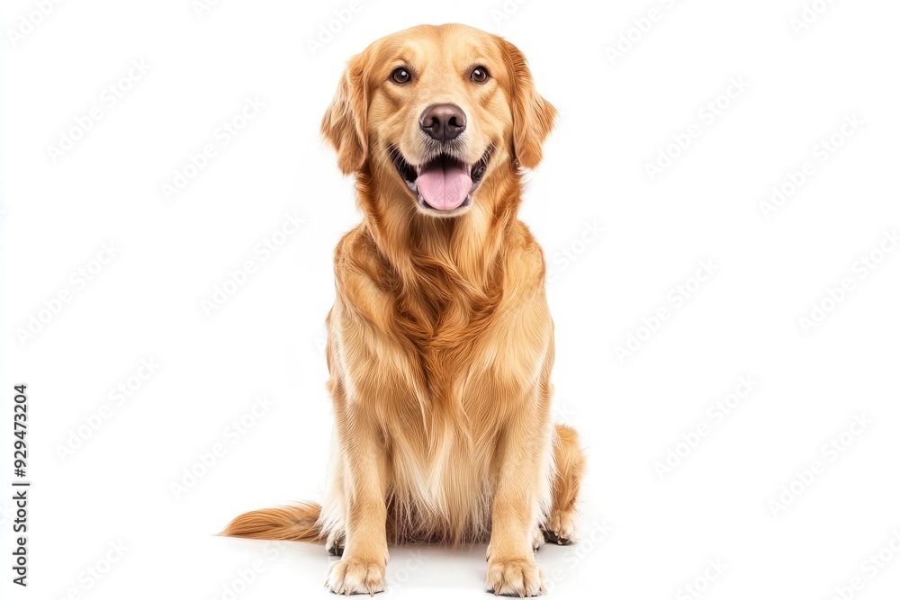 Happy sitting and panting Golden retriever dog looking at camera, Isolated on white , ai Happy sitting and panting Golden retriever dog looking at camera, Isolated on white , ai
