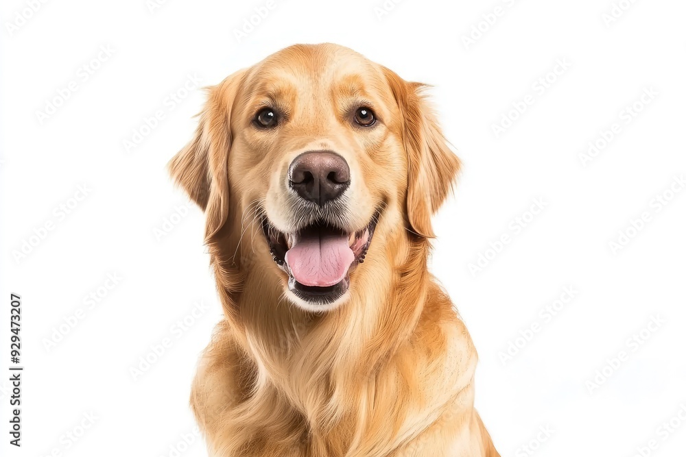 Happy sitting and panting Golden retriever dog looking at camera, Isolated on white , ai Happy sitting and panting Golden retriever dog looking at camera, Isolated on white , ai