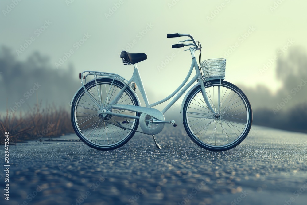 Fototapeta premium A white bicycle parked on the side of a road, ready for use