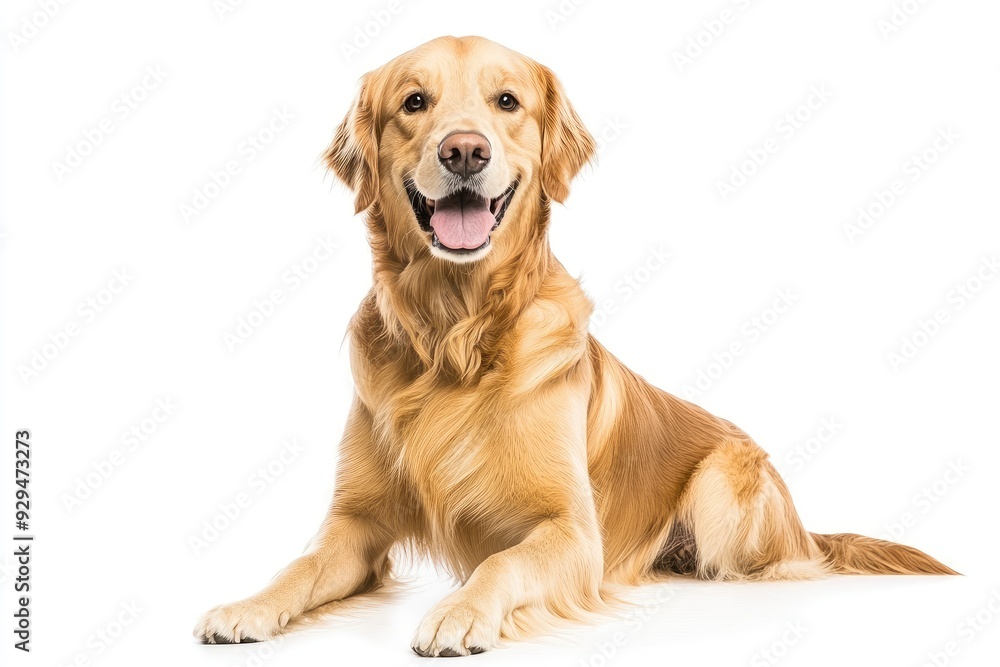 Happy sitting and panting Golden retriever dog looking at camera, Isolated on white , ai Happy sitting and panting Golden retriever dog looking at camera, Isolated on white , ai