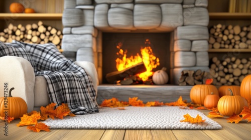 A fireplace with pumpkins and leaves in front of it, AI