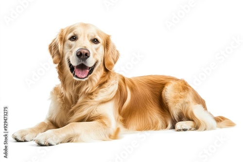 Happy sitting and panting Golden retriever dog looking at camera, Isolated on white , ai