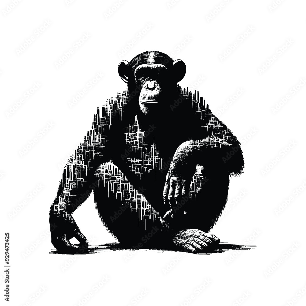Fototapeta premium silhouette of Chimpanzee, filled with cityline in rough drawing,