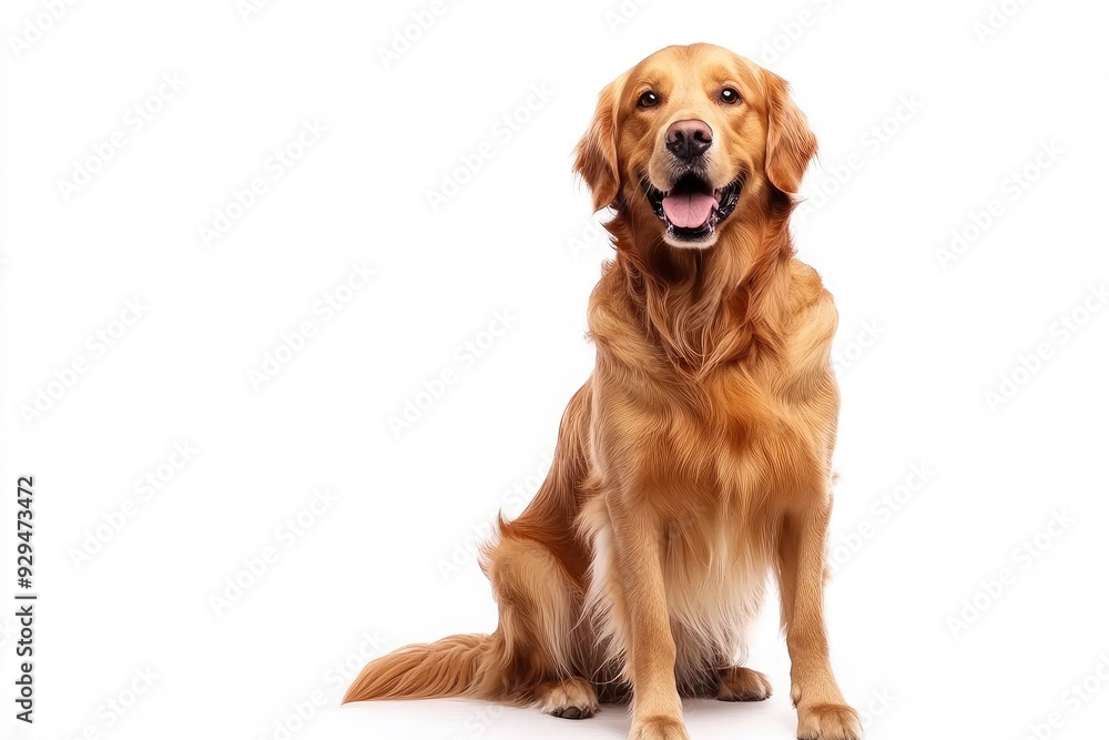 Happy sitting and panting Golden retriever dog looking at camera, Isolated on white , ai Happy sitting and panting Golden retriever dog looking at camera, Isolated on white , ai
