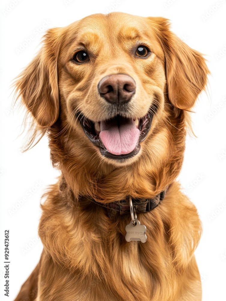 Head shot of a Happy panting Golden retriever dog looking at camera, wearing a collar and identification tag, remastered, ai Head shot of a Happy panting Golden retriever dog looking at camera, wearing a collar and identification tag, remastered, ai