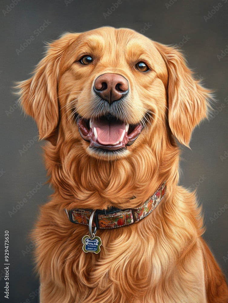 Head shot of a Happy panting Golden retriever dog looking at camera, wearing a collar and identification tag, remastered, ai Head shot of a Happy panting Golden retriever dog looking at camera, wearing a collar and identification tag, remastered, ai