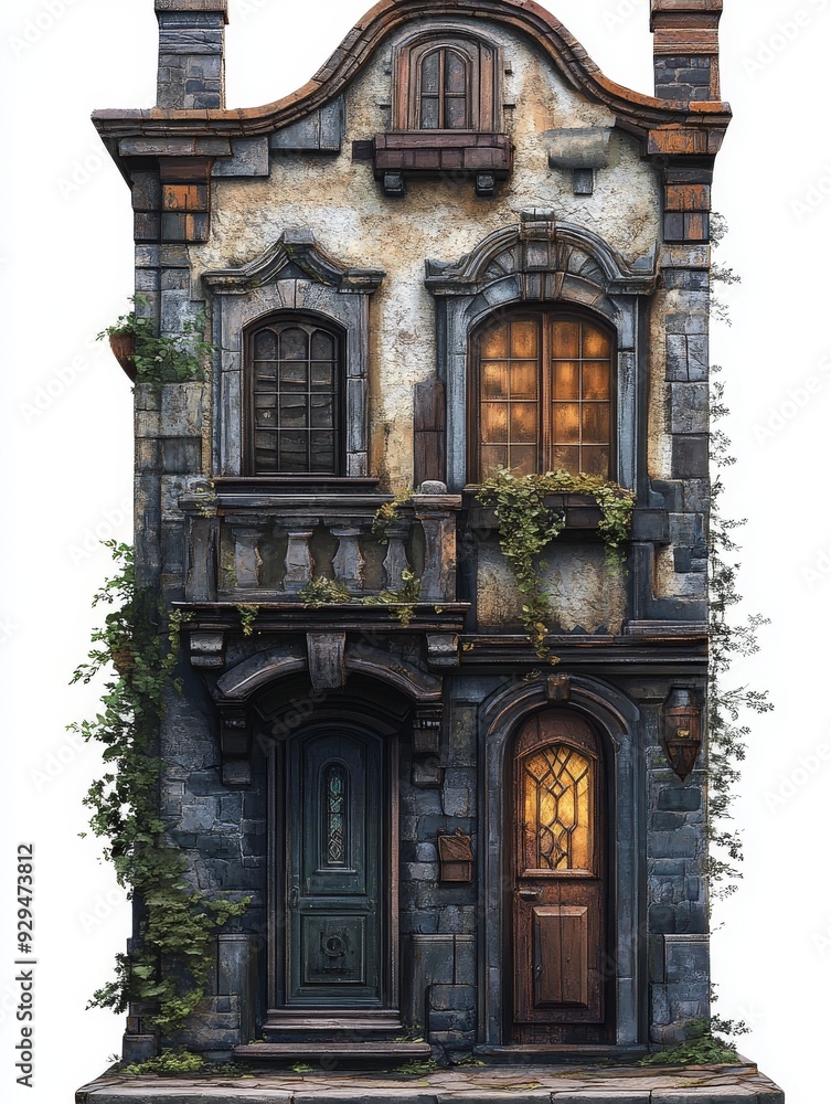 Fototapeta premium Old Stone Building with Two Doors and Windows