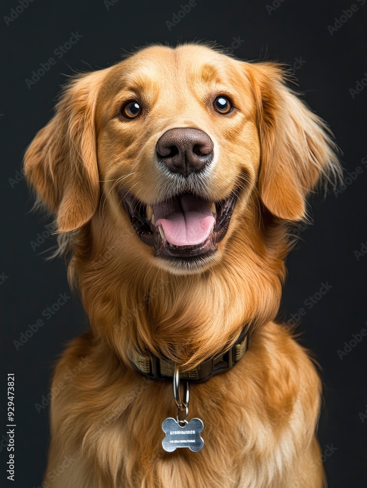 Head shot of a Happy panting Golden retriever dog looking at camera, wearing a collar and identification tag, remastered, ai Head shot of a Happy panting Golden retriever dog looking at camera, wearing a collar and identification tag, remastered, ai