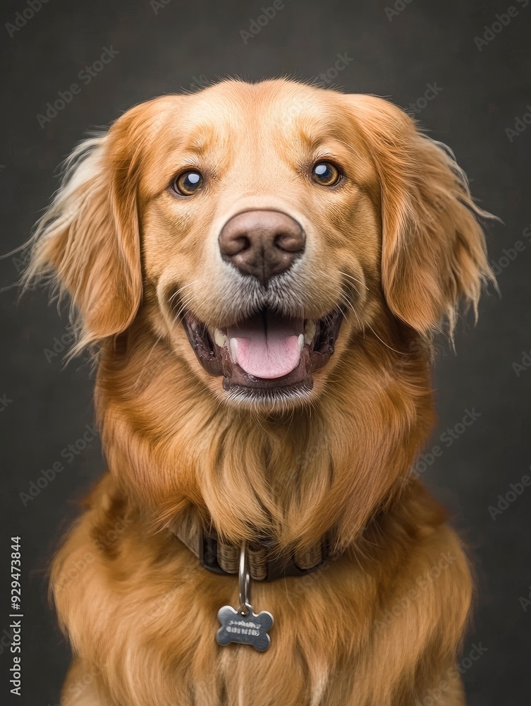 Obraz premium Head shot of a Happy panting Golden retriever dog looking at camera, wearing a collar and identification tag, remastered, ai