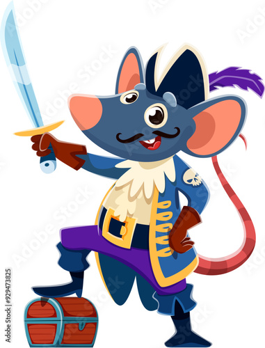 Cartoon rat or mouse animal pirate sailor character. Isolated vector charming and brave rodent captain with sword, treasure chest and a daring blue and gold coat, ready for adventure on the high seas