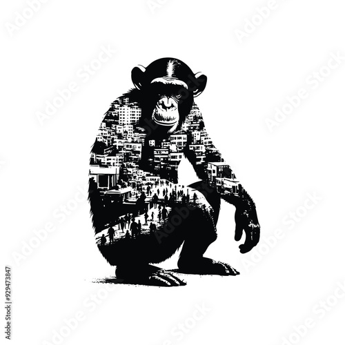 silhouette of Chimpanzee, filled with ghetto street in rough drawing,