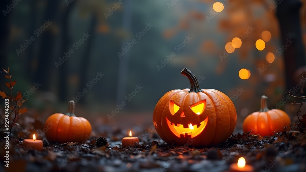 Fototapeta premium A glowing jack-o'-lantern in a dark forest, surrounded by candles and autumn leaves