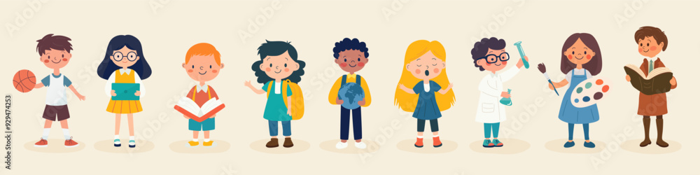 Flat Cartoon School Kids Engaged in Various Subjects - Science, Literature, Geography. Vector Illustration for Education, Learning. Colorful Minimalist School Design Template Flat Cartoon School Kids Engaged in Various Subjects - Science, Literature, Geography. Vector Illustration for Education, Learning. Colorful Minimalist School Design Template