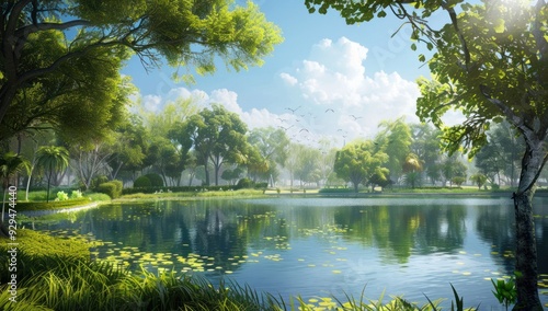 Tranquil Lake in a Lush Green Forest