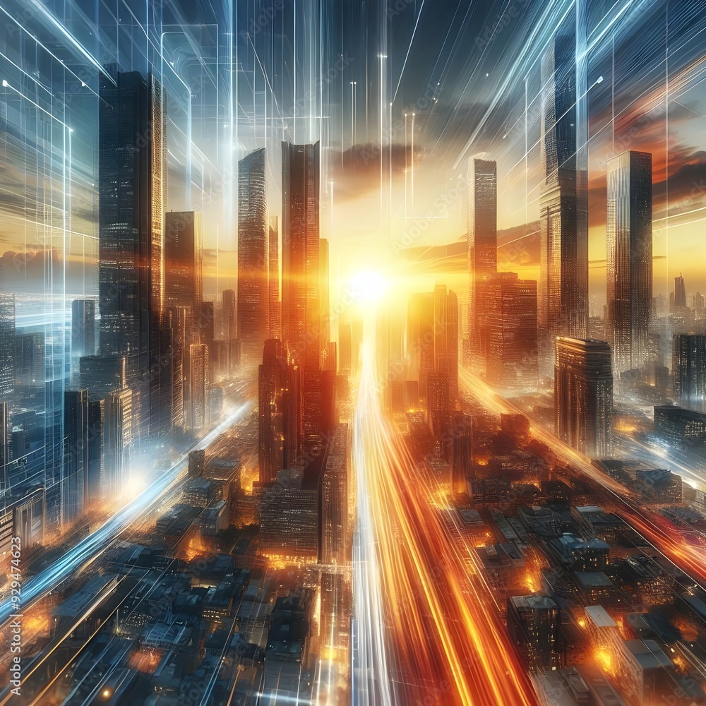Urban Sunrise: Dynamic Urban Landscape with Rising Sunlight through Tall Buildings Urban Sunrise: Dynamic Urban Landscape with Rising Sunlight through Tall Buildings