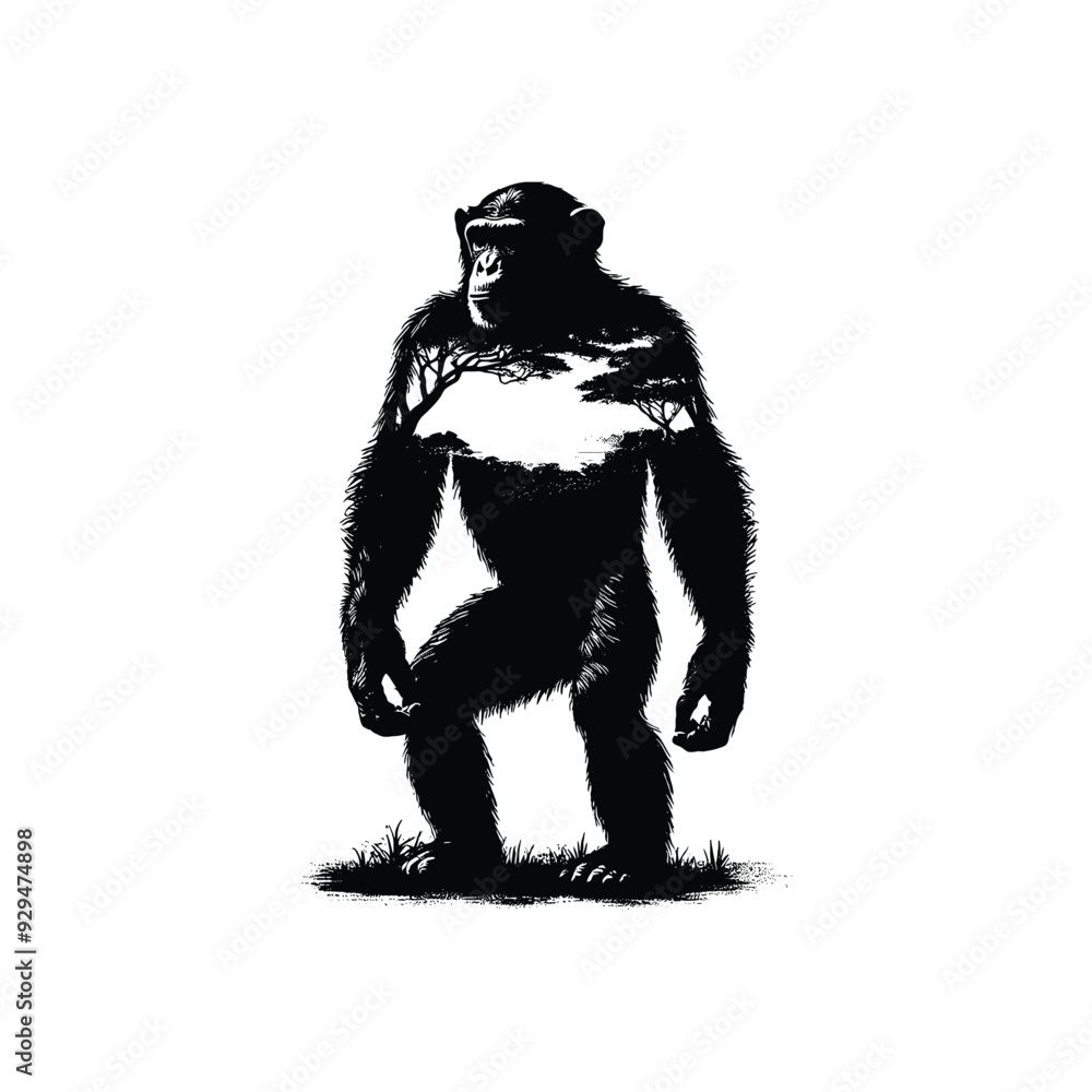 Fototapeta premium silhouette of Chimpanzee, filled with nature view in rough drawing,