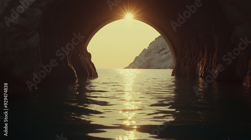 Sun shining through a cave opening overlooking the sea.