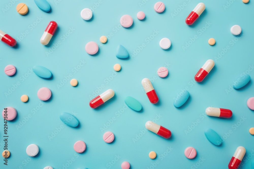 A collection of colorful pills arranged on a blue surface, useful for pharmaceutical or medical illustrations A collection of colorful pills arranged on a blue surface, useful for pharmaceutical or medical illustrations