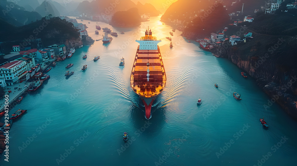 Aerial View of Cargo Ship Sailing Through a Narrow Channel, Photo Aerial View of Cargo Ship Sailing Through a Narrow Channel, Photo