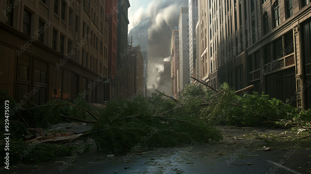 Debris and fallen trees block a city street after a disaster. Debris and fallen trees block a city street after a disaster.