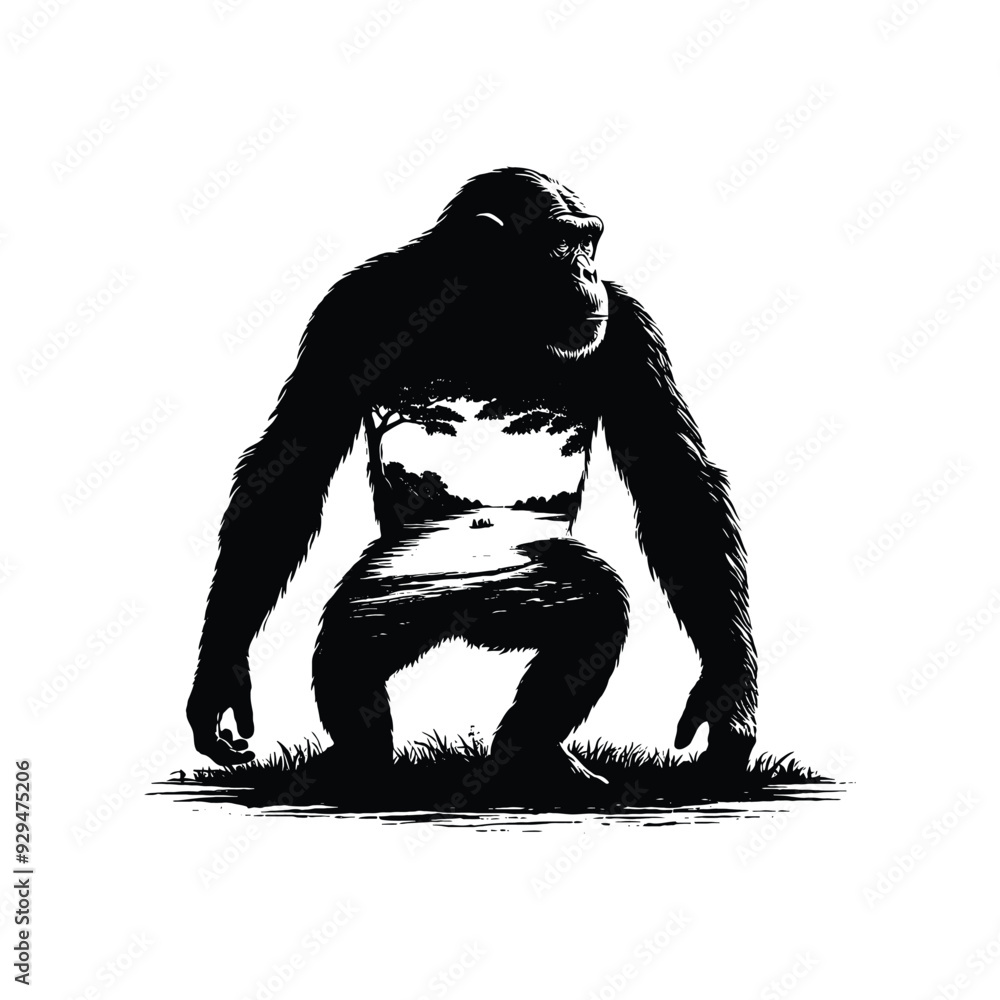 silhouette of Chimpanzee, filled with river view in rough drawing, silhouette of Chimpanzee, filled with river view in rough drawing,