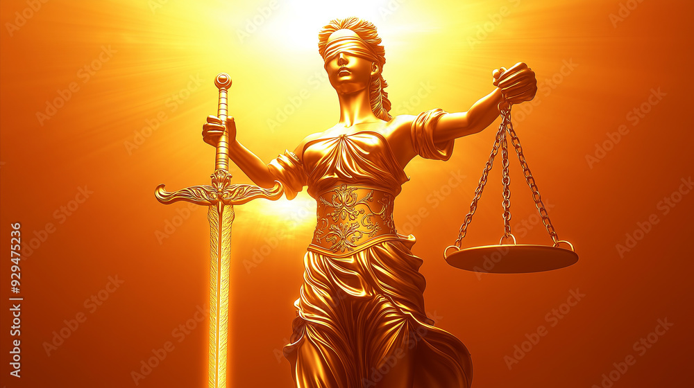 Golden Lady Justice with Sword and Scales in Sunlight. Golden Lady Justice with Sword and Scales in Sunlight.