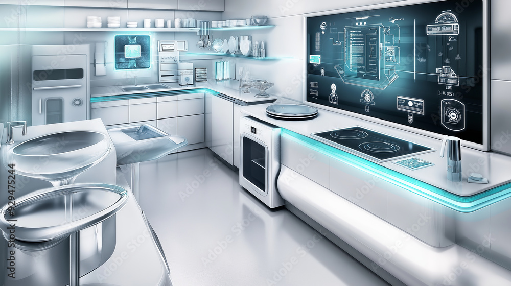 Modern white kitchen with smart technology features and sleek appliances. Modern white kitchen with smart technology features and sleek appliances.