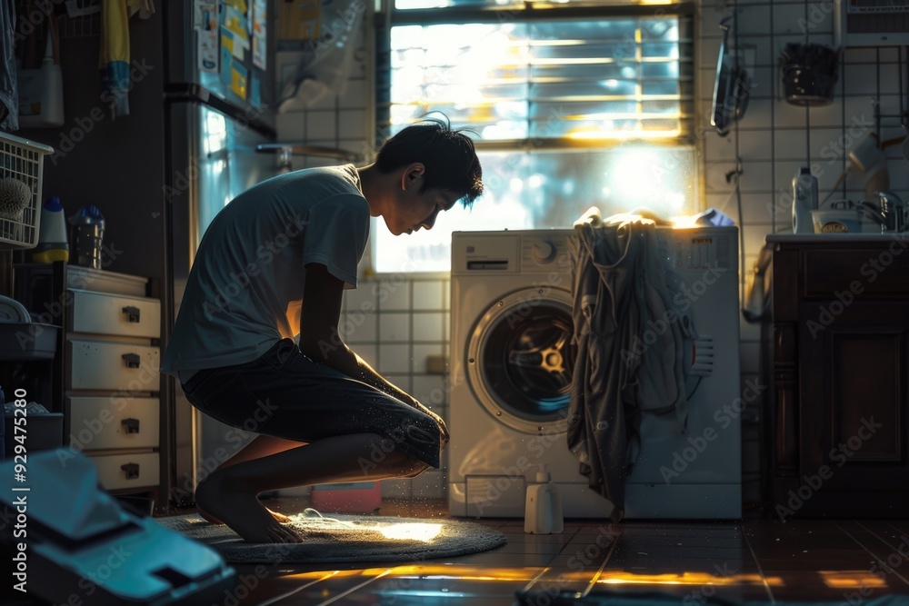 A person performing maintenance on a washing machine, great for use in tutorials or appliance repair scenes A person performing maintenance on a washing machine, great for use in tutorials or appliance repair scenes