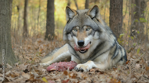 Wolf eating meat in a forest with autumn leaves.