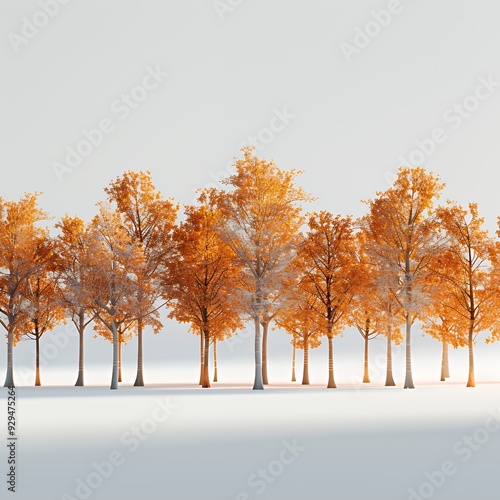 A row of trees with vibrant orange foliage against a light background.