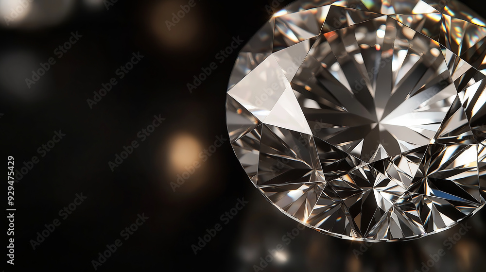 Close-up of a sparkling, faceted diamond on a black background. Close-up of a sparkling, faceted diamond on a black background.
