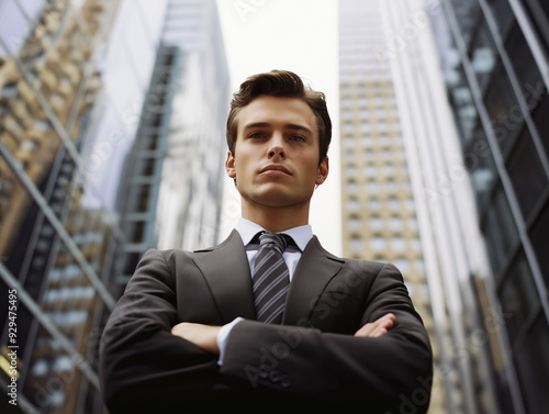 Confident businessman with arms crossed in front of skyscrapers.