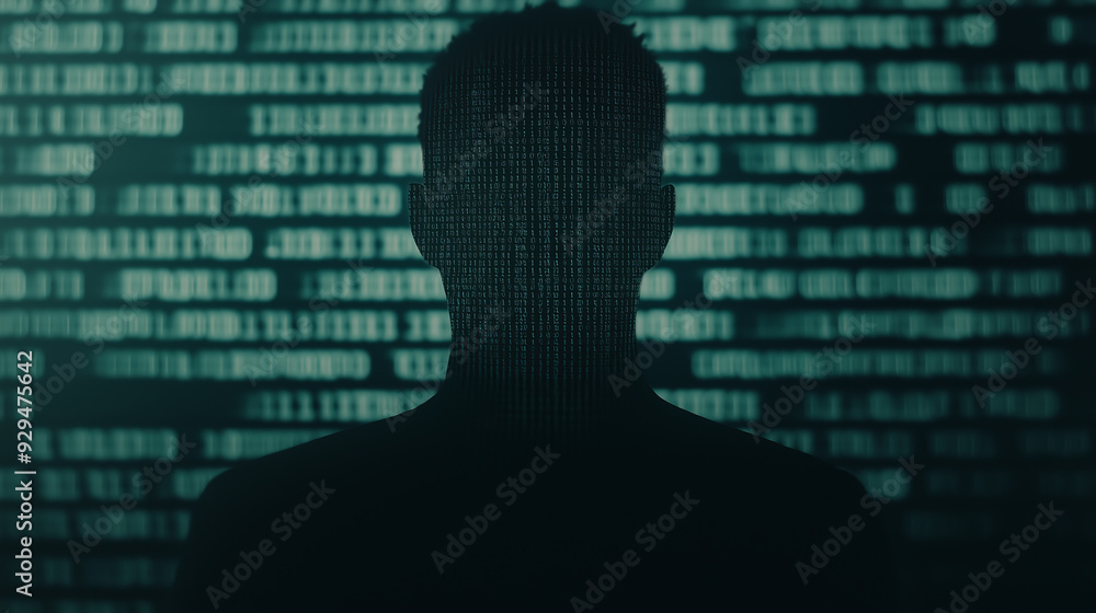 A dark silhouette of a person stands before a wall of blurry code. A dark silhouette of a person stands before a wall of blurry code.