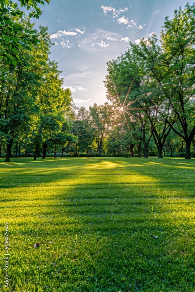 Fototapeta premium A serene park scene with sunlight filtering through the trees, suitable for use in nature-themed contexts