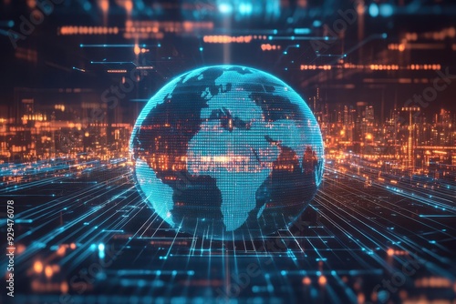 Holographic display of global corporate networks, front view, representing business links, sci-fi tone, Split-complementary color scheme