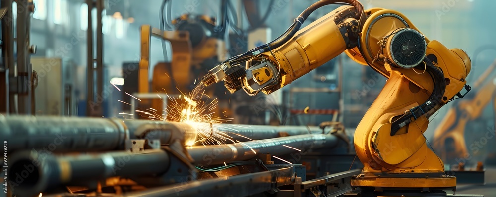 Industrial Robot Arm Welding Metal Pipes in a Factory Industrial Robot Arm Welding Metal Pipes in a Factory