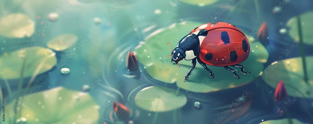 A Ladybug Perched on a Lily Pad in a Tranquil Pond A Ladybug Perched on a Lily Pad in a Tranquil Pond