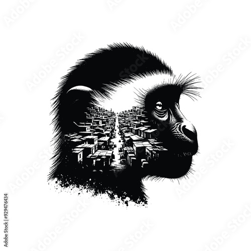 silhouette of Colobus monkey, filled with ghetto street in rough drawing,